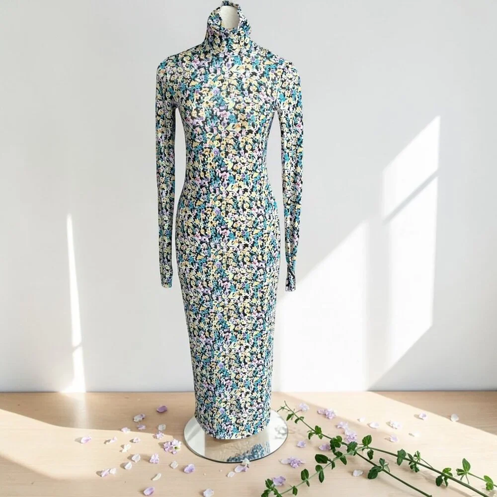 AFRM Shailene Floral Mesh Bodycon Long Sleeve Maxi Dress Size S NWT